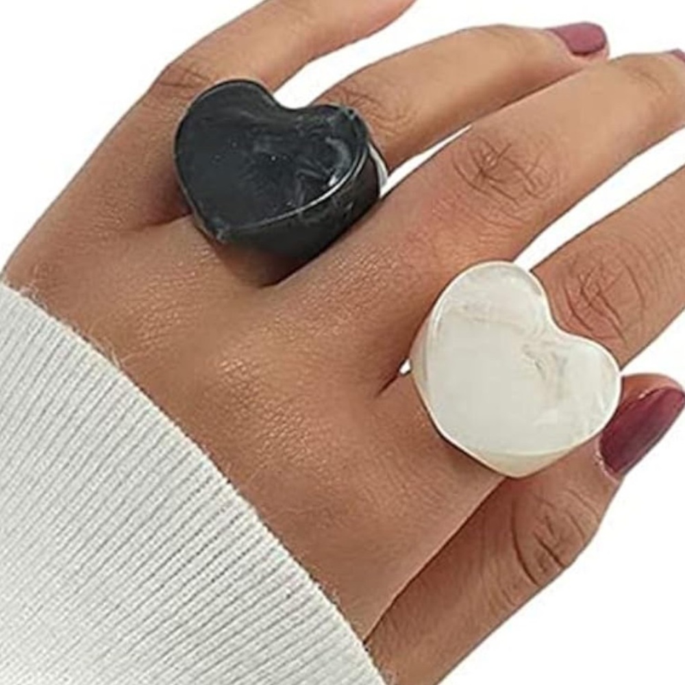 Two piece Heart Ring Set Grey White Resin Large Cute Funky Barbie Fun Gift